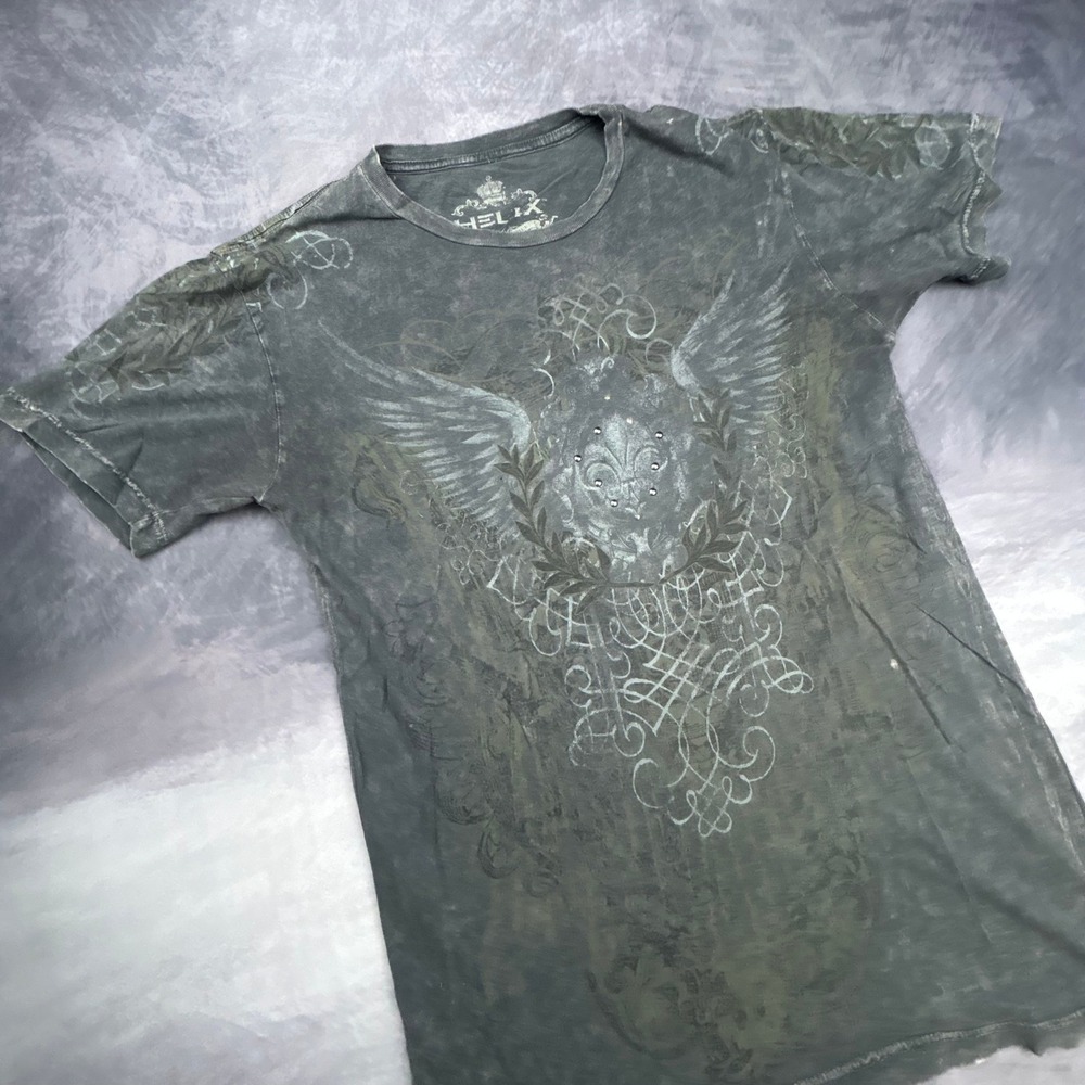 Helix Mens Y2K Graphic T Shirt Gray Faded Fleur De Lis Wing Studded Medium - Picture 3 of 8